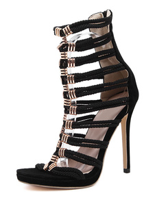 Gladiator noir sandales haut talon bout ouvert talon aiguille sandale bottillons