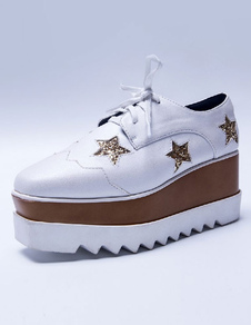 Plateforme blanc chaussures motif d’étoile en lacets lacets vitrée PU Wedge femmes