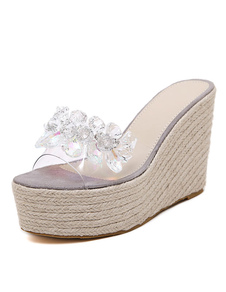Crystal Mules bout ouvert PVC Espadrille Wedge chaussons des femmes
