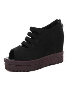 Peep Toe Wedge chaussures daim noir plateforme taillée pompes chaussures pour femmes