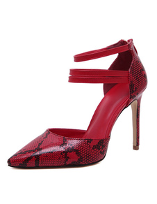 Talons hauts rouge bout pointu serpent impression cheville sangle talon aiguille pompes femmes