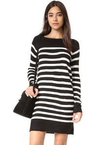 Chandail noir Robe Tour de cou à manches longues rayé fente tricot robe courte pour les femmes