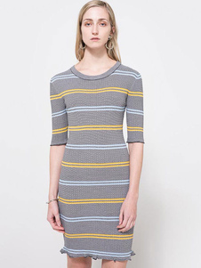 Robe pull gris autour de cou Half Sleeve ourlet volant rayé Slim Fit robe Bodycon pour femmes