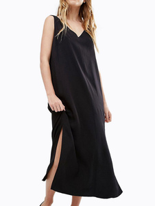 Noir col V de la Maxi robe femme sans manches Croix robe longue fente arrière
