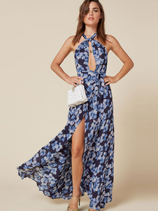 Licol bleu Maxi robe sans manches imprimé Floral Découpez robe longue fente