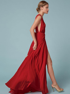 Robe Maxi rouge élégante plongeant décolleté sans manches fente dos nu robe longue pour les femmes