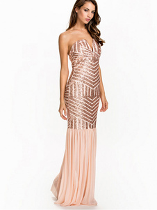 Paillettes Maxi robe rose sans manches Slim Fit soirée robe bustier pour femmes