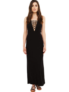 Robe Maxi noire Halter plongeant décolleté sans manches dos nu Lace Up Slim Fit robe longue pour les