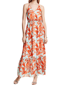 V imprimé cou sans manches taille haute arrière floral robe Maxi féminin Cross robe longue d’été