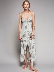 Chaînes sans manches imprimé gris Floral robe féminine retour croisent Split Button avant Long Slip 