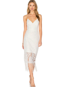 Cou V sans manche chasuble élégante robe Bodycon blanche Croix dentelle dos ourlet fourreau avec fra