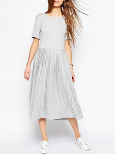 V plissé retour Short Sleeve gris robe Maxi féminin Round Neck A ligne robe longue
