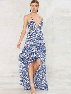 Boho Maxi robe imprimé Floral bleu Sexy V Neck Lace Up Floral imprimé haut bas robe longue