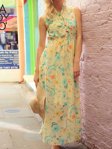 Collier cravate sans manches en mousseline de soie féminin Maxi de robe à fleurs jaune longue robe i