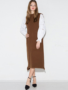 Col rond Oversize Casual chandail brun robe sans manches femme Knit Dress