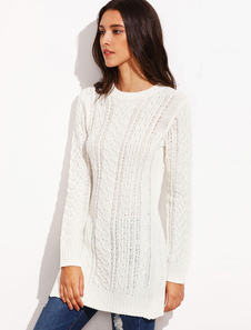 Câble manches longues côté Split Crewneck palangre pull pull pull blanc femmes en tricot