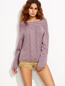 Top pull en tricot pull pull violet sur le câble de l’épaule manches longues femmes