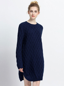 Pull robe marine foncé femmes autour de cou robe manches longues fente