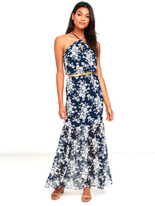 Boho Maxi robe dos nu bleu robe sans manches Slim Fit Floral imprimé Long pour les femmes