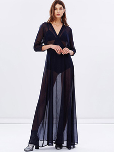 Manches 3/4 Semi Sexy pure longue robe mousseline de soie robe Maxi V cou féminin en marine foncé