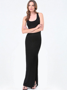 Sans manches Split haute Maxi robe noire Bodycon féminin arrière Design robe longue Sexy