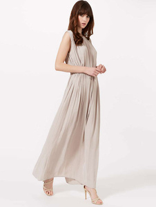 Maxi robe grise sans manches bijou cou Cordon Summer robe plissée