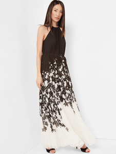 Halter longue robe noire sans manches été imprimée Floral robe plissée