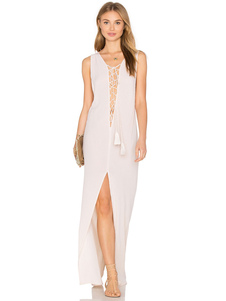 Robe Maxi blanche élégante plongeant sans manches fente dos nu robe longue pour les femmes