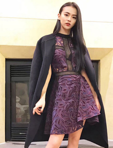 Robe en dentelle violet rond Neck Short Sleeve découper Slim Fit une ligne robe