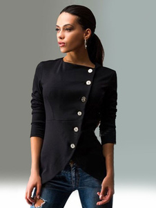 Noir col rond boutons devant Slim Fit haut à manches longues de costume décontracté femmes