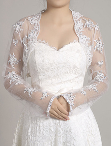 Boléro mariage veste dentelle blanche perlée longue manches Boléro de mariée avant ouvert Shrug