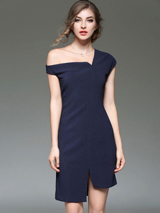 Robe Bodycon bleu Royal encolure asymétrique manches courtes Slim Fit fourreau femmes