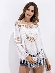 Couvercle blanc Ups féminin tour de cou manches longues Crochet coton semi Sheer pour le bain avec f