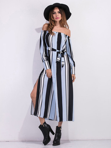 Robe Maxi bleue au large de l’épaule manches longues rayé dentelle robe longue fente pour femmes