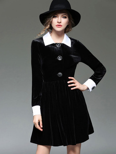 Skater noir velours Vintage propagation col manches longues Slim Fit Flare plissé robe