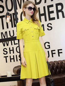 Chemise jaune robe femme manches courtes boutons en métal Fit et Flare Skater Dress