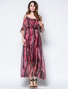 Bourgogne en mousseline de soie robe Maxi plissé Strappy longue robe imprimée