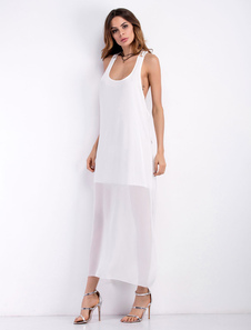 Robe Maxi blanche mousseline U cou robe sans manches dos nu semi Sheer longue pour les femmes