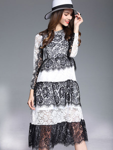 Dentelle des femmes robe bicolore rond Manche 3/4 longueur manches robe de Slim Fit Skater