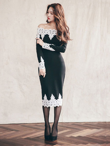 Appliques de dentelle robe Bodycon noire au large de l’épaule manches longues Slim Fit fourreau