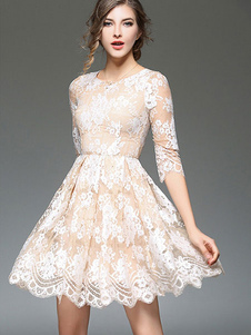 Abricot dentelle robe tour de cou Half Sleeve Slim Fit plissé robe patineuse