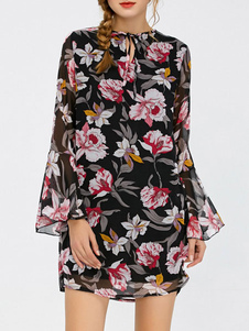 Maj en mousseline de soie robe noire col Bell manches longues Floral imprimé robe courte pour les fe