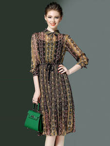 Chemise en mousseline de soie robe Floral imprimé féminin plissée manches 3/4 Tie Waist Illusion Ska