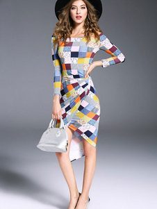 Robe Bodycon Plaid multicolore manches longues femmes Slim Fit robe fourreau haute basse Wrap