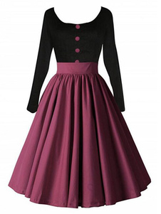 Robe Vintage bicolore femmes rond manches longues col plissé robe patineuse