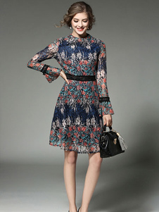 Dentelle florale robe féminine Bell imprimé manches A ligne Fit et Flare Skater Dress