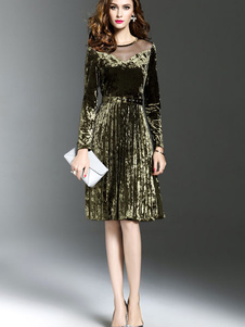 Vert de chasseur féminines Skater robe tour de cou à manches longues Slim Fit plissé robe évasé