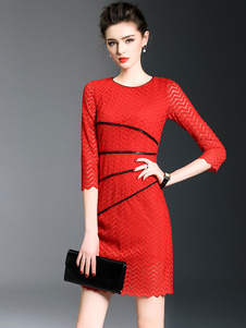 Robe de dentelle rouge col rond 3/4 longueur manches Slim Fit Bodycon Dress pour femmes