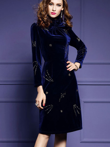 Col haut manches longues robe velours féminin cloutés robe Midi bleu profond
