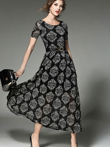 Robe Maxi noire Floral imprimé manches courtes femme ronde cou plissé robe longue avec ceinture